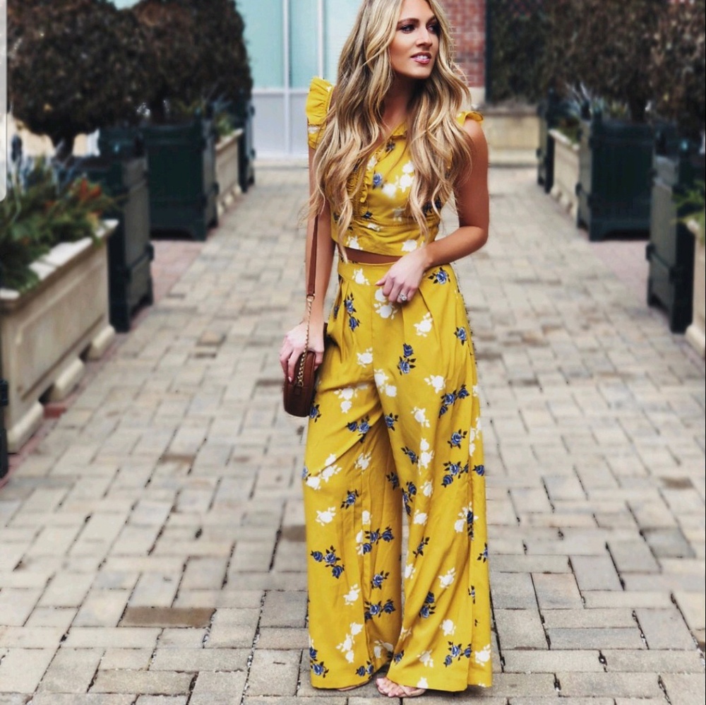 Mustard Yellow Floral High Waist Pant and Crop Top